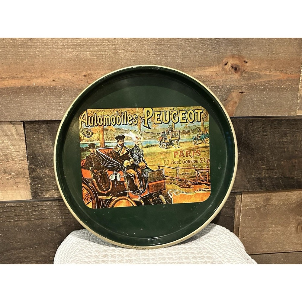 Vintage Peugeot Paris Nevco Automobiles Round Serving Tray made in Hong Kong Tin